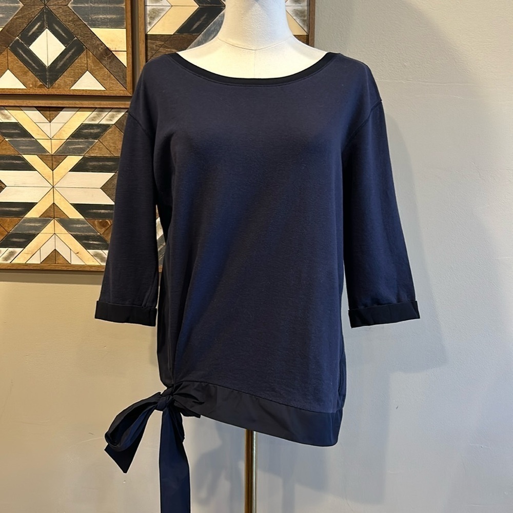 Moncler Slouchy Mixed Media Sweatshirt Top Side Tie Navy Blue Oversized XS